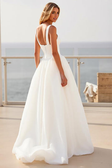 Ivory Spaghetti Straps A Line Crepe Tulle Wedding Dress
